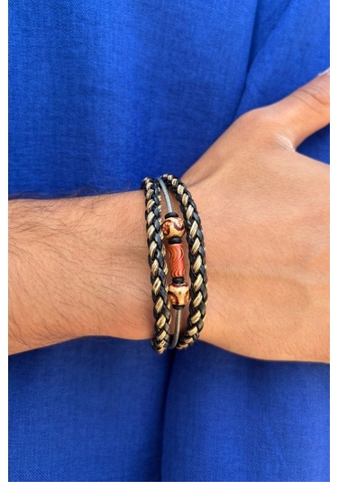 Örgülü El İşçiliği İle Üretilmiş Hakiki Deri Erkek Bileklik Çok Renkli