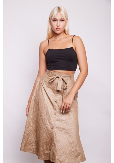 Kraş İnce Deri Yüksek Bel Yan Cepli Kiloş Uzun Etek-Bej