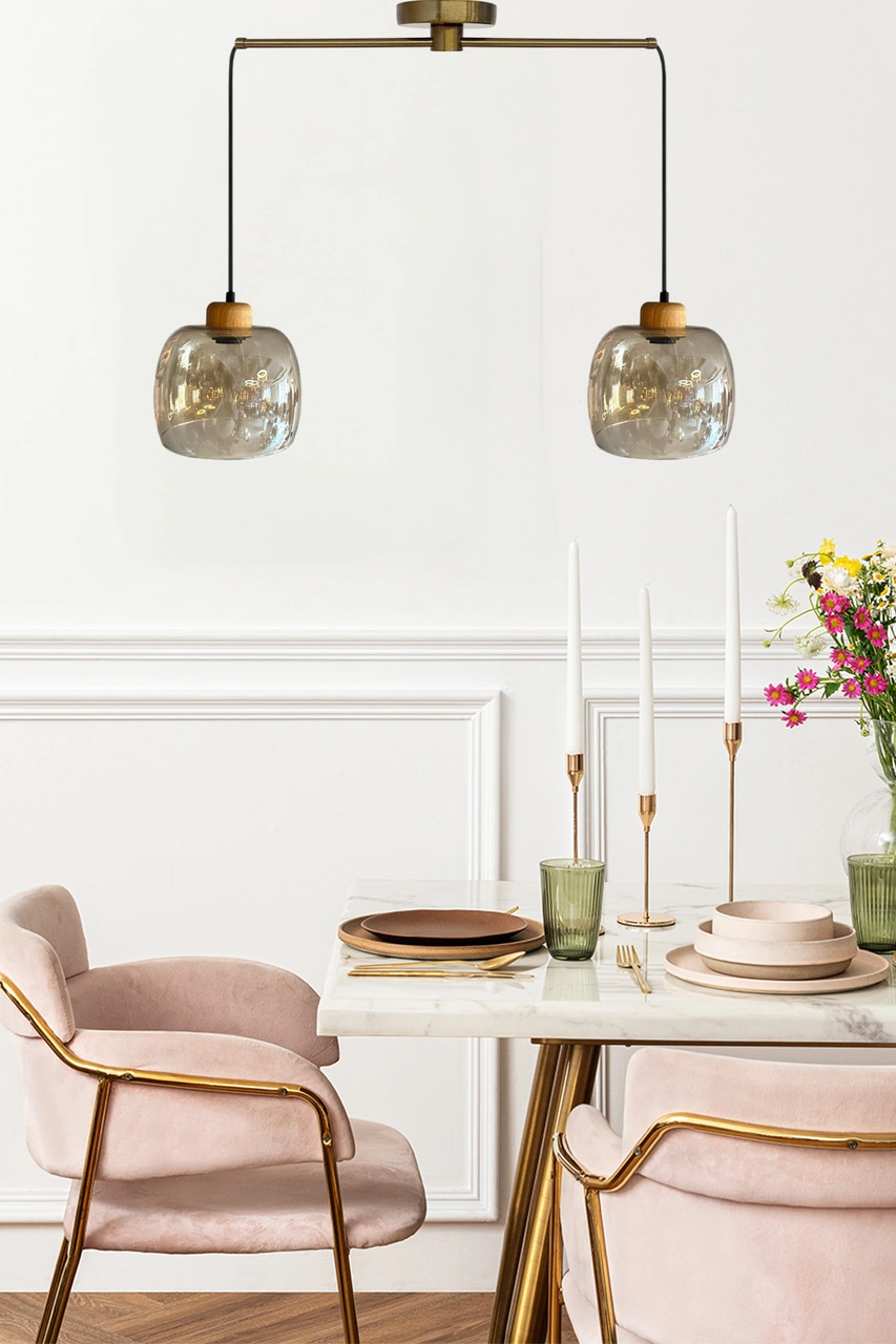 Dijon Cam Bal Rengi İkili Metal Çubuk Sarkıt Avize Geniş Ahşap Başlık Salon Pastane Avizeleri Bal