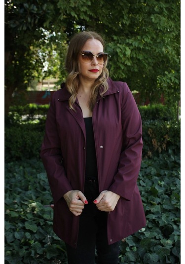 1616 Fermuarlı Cep Detaylı Kapuşonlu Bondit Ceket Mürdüm