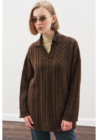 Yakalı Saç Örgü Kazak Kahverengi Kahverengi