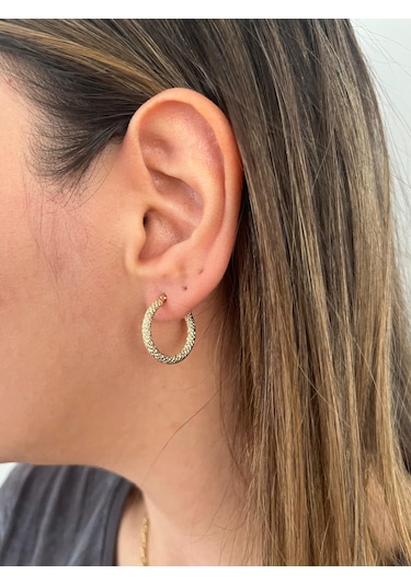 Altın Nesil - 14 Ayar Altın Kumlu Yuvarlak Küçük Küpe Altın - Beyaz Altın