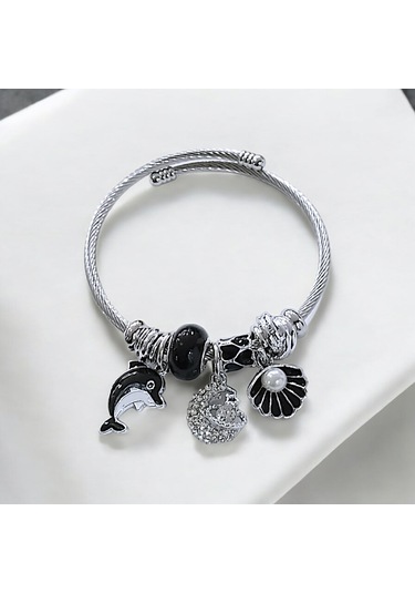 Kadın Çelik Charm Bileklik Bilezik Yunus Figürlü Siyah Çelik