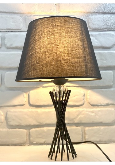 Siyah Burgu Metal Ayaklı Kristal Cam Toplu Kumaş Şapkalı Abajur Siyah