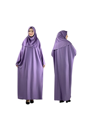 Namaz Elbisesi Eşarp Seccade Tesbih Set, İslami Giyim Takım Ferace Turban Şal Lila