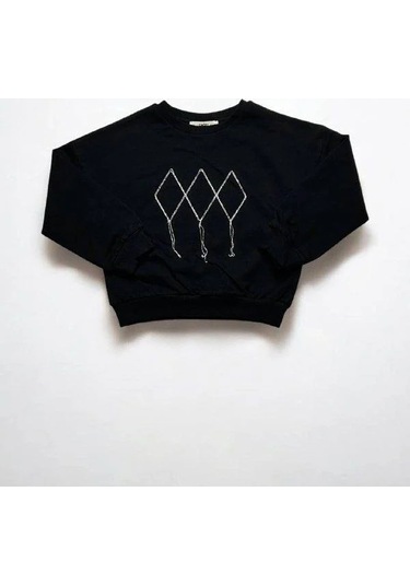 Kız Çocuk Mevsimlik Pamuklu İki İplik Zincirli Sweatshirt-15447 Siyah