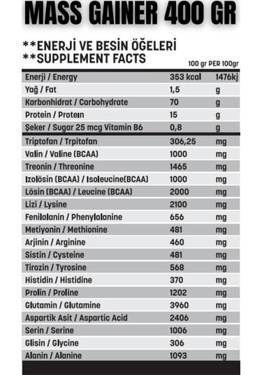 Mass Gainer 400 Gr Çikolata Aromalı