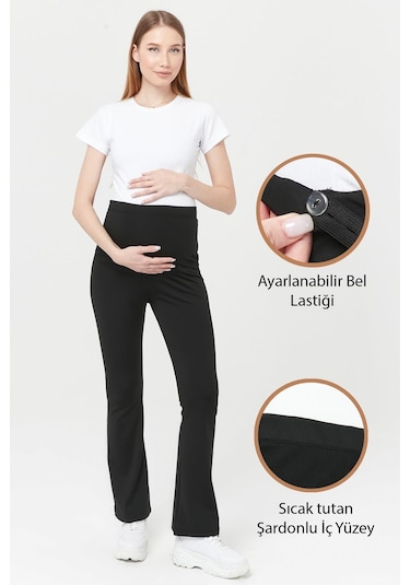 Luvmabelly Myra8065 Termal İçi Şardonlu Sıcak Tutan Beli Ayarlanabilir İspanyol Paça Hamile Tayt -siyah-siyah