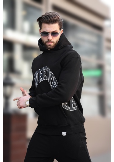 Madmext Siyah Kapüşonlu Baskılı Cep Detaylı Erkek Sweatshirt E7065 Siyah