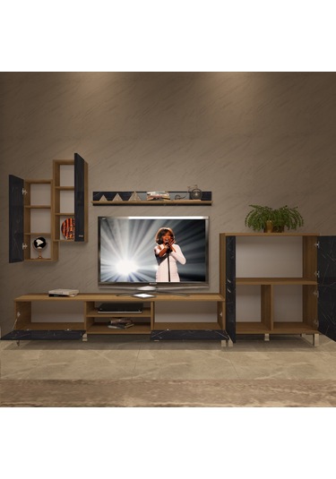 Decoraktiv Eko 6 Mdf Dvd Krom Ayaklı Tv Ünitesi Tv Sehpası Pera - Siyah Mermer