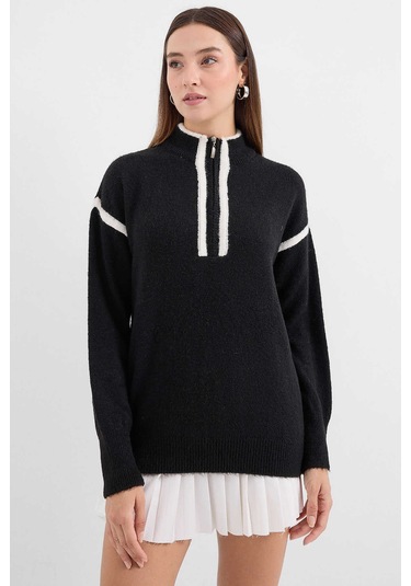 Gabria Fermuarlı Şeritli Kazak Siyah