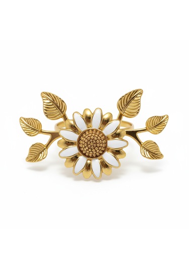 6 Lı Gold Kaplama Beyaz Mineli Yapraklı Papatya Peçete Halkası Seti Altın