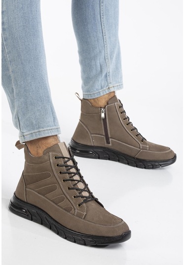 Hakiki Deri Nubuk Erkek Bot Vizon Elastik Bağcıklı Yan Baskılı-3475 Vizon