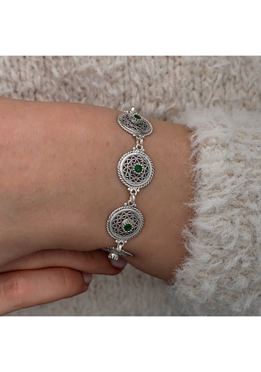 Artsmagazinmücevher Gümüş Telkari Zümrüt Taşlı Kadın Bileklik