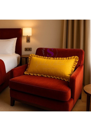 Fırfırlı Vintage Buldan Hardal Sarı Renk Iskandinav Uzun 40x100 Kırlent Yastık İçi Dolgulu Hardal Sarı