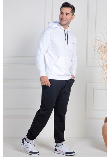 Mecit 2975 Beyaz %100 Pamuk Kapüşonlu Spor Model Büyük Beden Erkek Pijama Takımı Beyaz