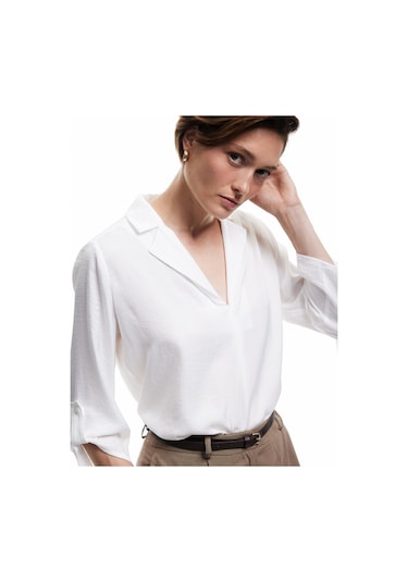 Koton Ceket Yaka Katlama Detaylı 3/4 Kollu Saten Bluz Kırık Beyaz 6wak60004pw Ekru