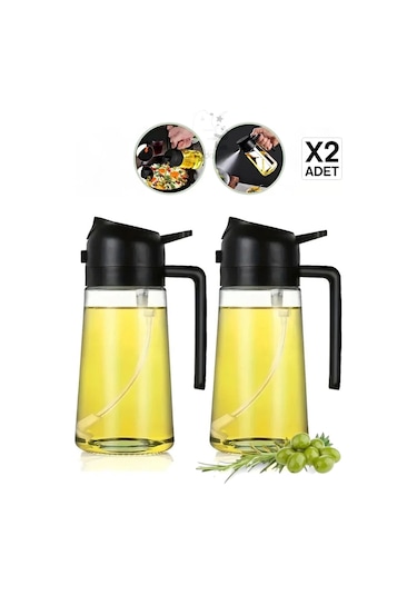 Madamev 2 Adet Çift Fonksiyonlu Cam Yağdanlık 450ml Zeytinyağı Sıvıyağ Şişe Airfryer Sprey Yağlık Si Siyah