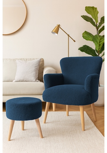 Roma Berjer + Puf Set - Welsoft Yumuşak Kumaş - Ahşap Ayak - Lacivert Lacivert