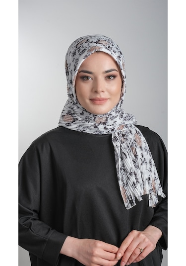 Krem-Siyah Pratik Hazır Geçmeli Tesettür Eşarp Kesik Elyaf Pilise Çok Renkli