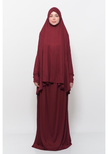Pratik 2 Parça Pamuklu Yarasa Kollu Başörtülü Tesettür Namaz Elbisesi Koyu Bordo Antrasit