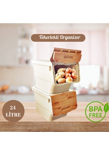 Motek Patetes Soğan Sepeti Oyuncak Kutusu Tekerlekli Organızer Çok Amaçlı Kutu 2x12lt-bambu+krem