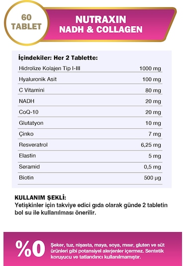 Nutraxin Nadh Collagen 60 Tablet Tip1 Tip3 Hyaluronik Asit, Elastin, Seramid, Resveratrol Glutatyon
