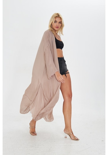 Kutaf Vizon Uzun Soft Yumuşak Kimono Bej - Taba