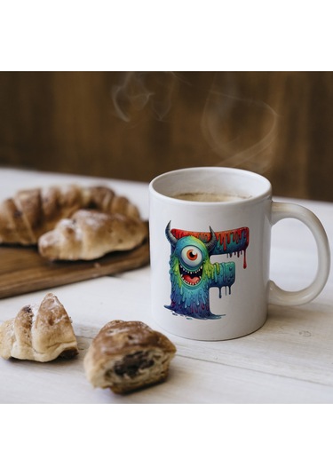 F Harfi Bardak, Sevimli Canavarlar Harflı Bardak Hediyesi Porselen Beyaz