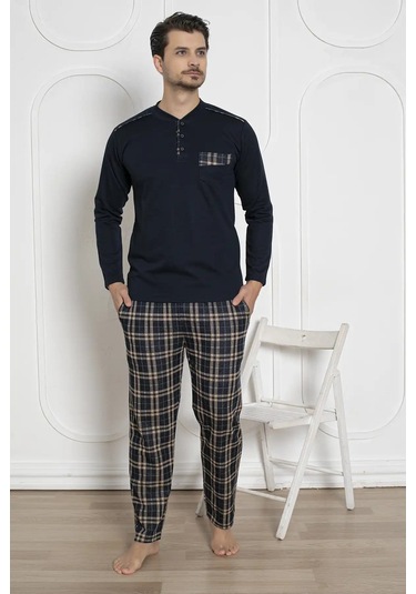 Erkek Ekose Desen Likralı Pamuk Uzun Kol Kışlık İnterlok Göğüs Cepli Pijama Takımı Lacivert