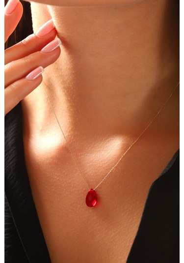 14 Ayar Altın Kolye Yakut Rengi Doğal Kırmızı Taş Altın Zincirli Kolye 45 Cm Uzunluk