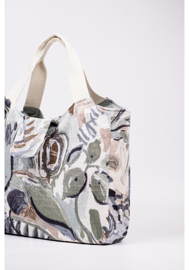 Fabric Craft Bag El Çanta Keten Desenli Yeşil Yeşil - Beyaz