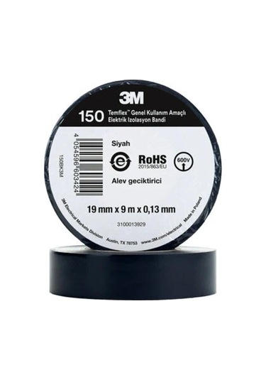 Siyah İzole Elektrik Bantı 0,13mmx19mmx9,14metre Elektrik Bandı Siyah