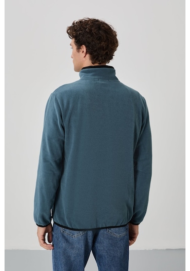 Tommy Life Petrol Yazı Nakışlı Dik Yaka Fermuarlı Standart Kalıp Erkek Sweatshirt Polar - 87992 PETROL