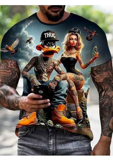 Snapbuy Komik Ördek Baskılı Erkek T-shirt - Rahat O-boyun Kısa Kollu Moda Tişört Kahverengi