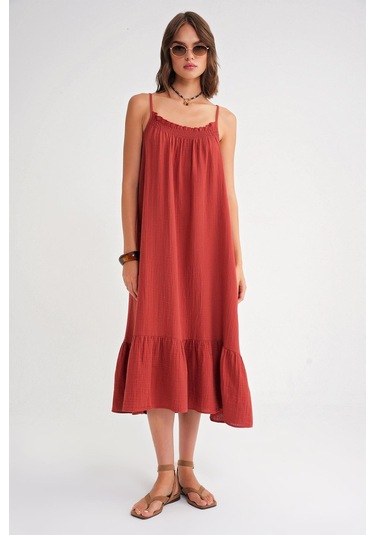 4740 Kadın Askılı Müslin Midi Elbise Kiremit Kiremit