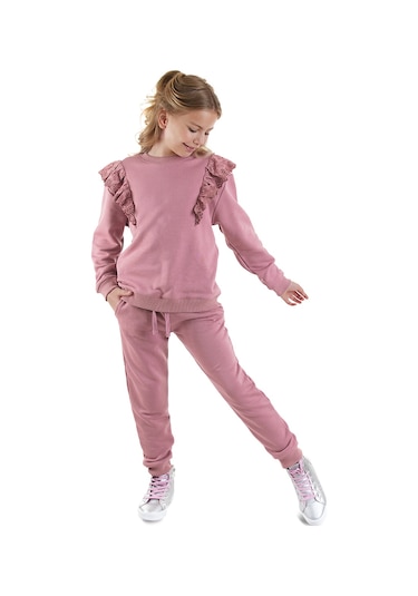 Denokids Fırfırlı Kız Çocuk Eşofman Takımı - Gül Kurusu