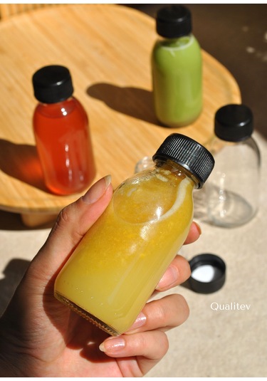 100 Ml Cam Şişe Şeffaf Kilitli Sızdırmaz Siyah Kapaklı Meyve Su