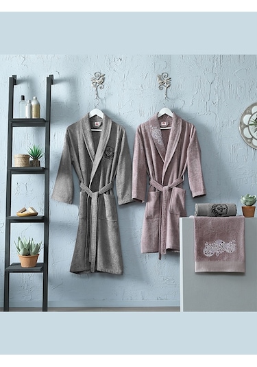 Taç Soft Bambu Aile Bornoz Seti Mild Mürdüm-Gri Gri - Mürdüm