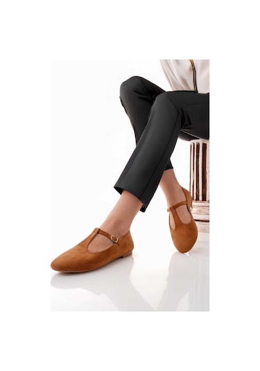 Siyah Süet T-strap Mary Jane Tasarım Babet Taba Tarçın
