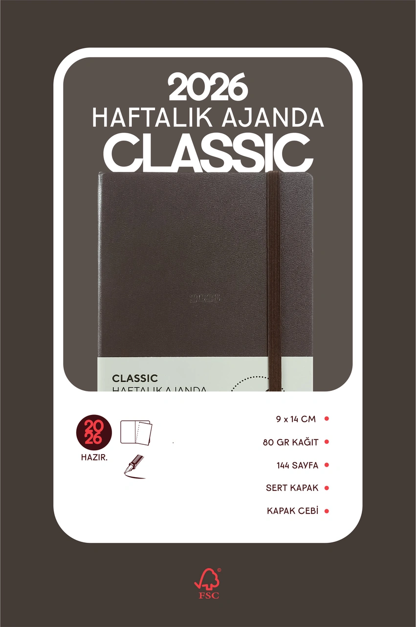 Classic 2026 Haftalık Ajanda A6 9x14 Cm Sert Kapak. Kahverengi