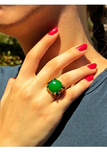 Yaprak Desenli Yeşil Akik Doğal Taş Ayarlanabilir Kadın Yüzük Çok Renkli