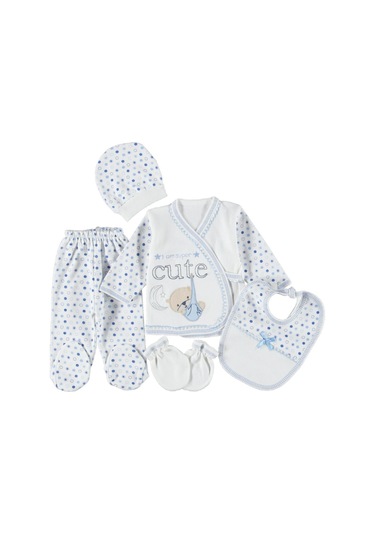 0-3 Aylık 5 Li Ayıcık Zıbın Seti Hastane Çıkış Seti %100 Pamuklu Kutusuz Mavi