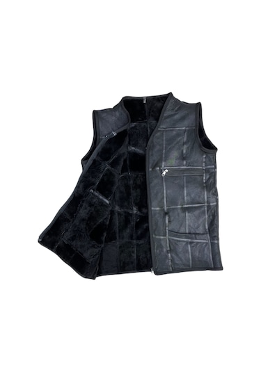 Patchwork Içi Kürk-Dışı Süet Hakiki Deri Biye Detaylı Yelek Siyah