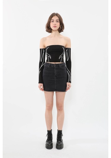 Kadın Likralı Antrasit Mini Jean Etek Antrasit