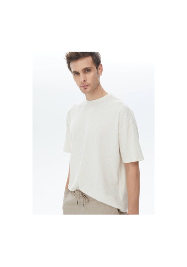 Bej Jakarlı Bisiklet Yaka Keten Karışımlı T-shirt Bej