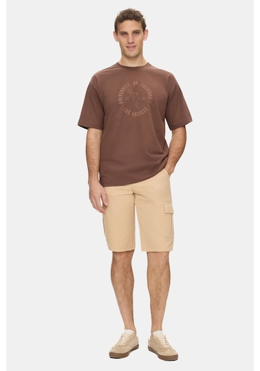 Kentucky Kahve Bisiklet Yaka Baskılı %100 Pamuk Oversize Erkek Tshirt Kahverengi