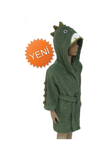 %100 Pamuk Çocuk Bornoz Yeşil Dinozor Yeşil