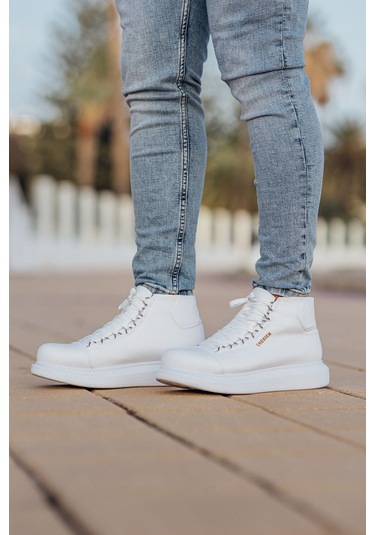 Pabucmarketi Bağcıklı Erkek Sneaker Bot Beyaz Beyaz