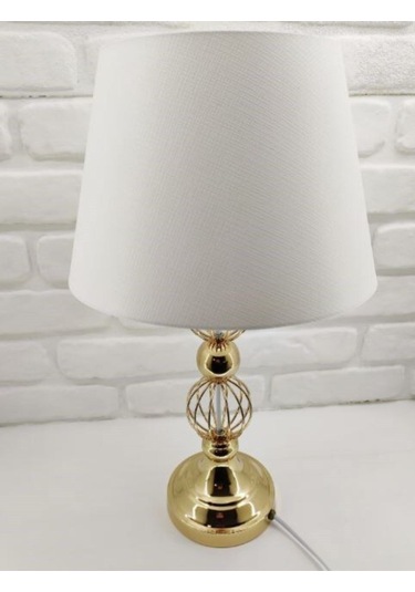 Gold Altın Renk Tel Toplu Metal Ayaklı Beyaz Şapkalı Abajur Altın - Beyaz